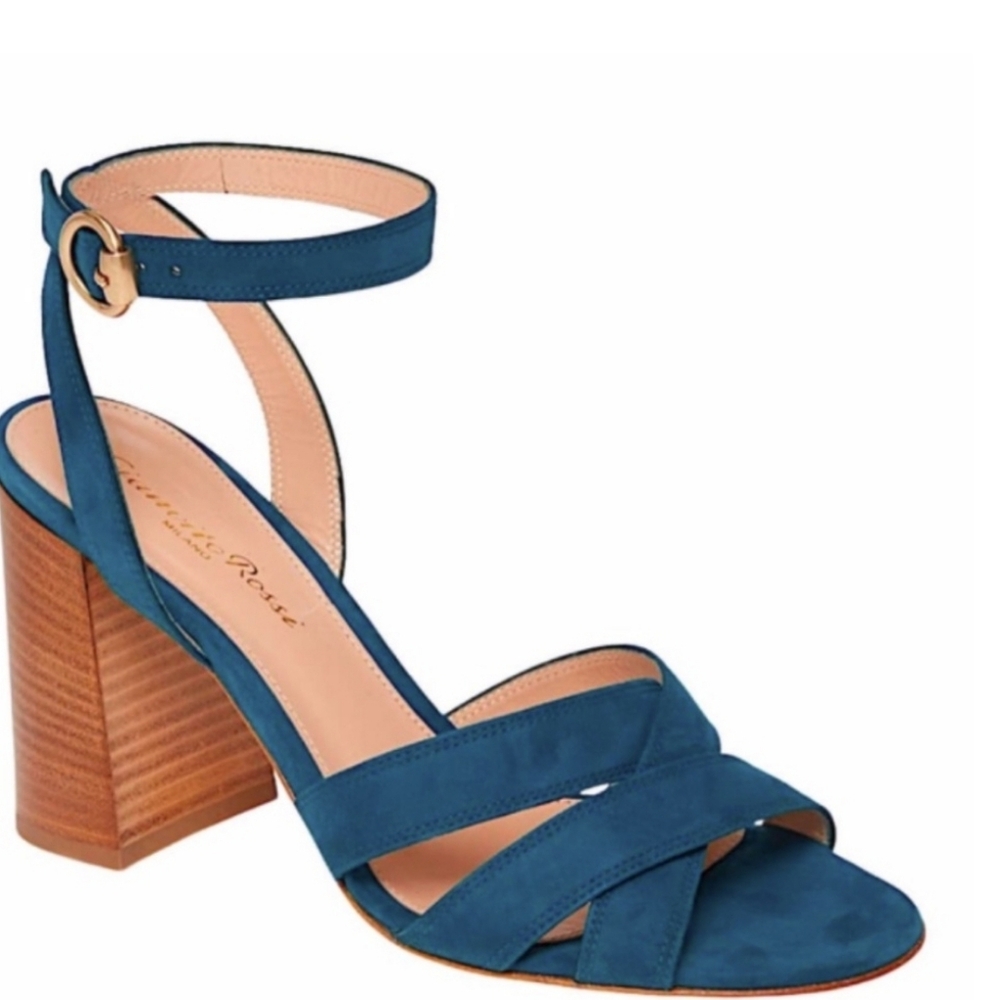 Gianvito Rossi Suede Crisscross Block Heel  Blue Teal Open Toe NEW